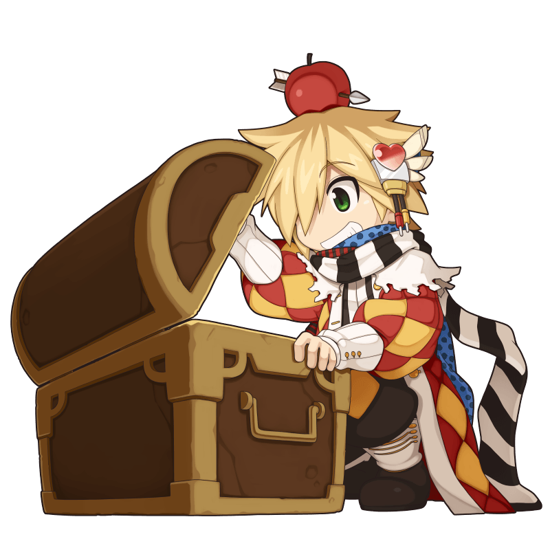 Personagem em pixel art exibindo um baú de recompensas